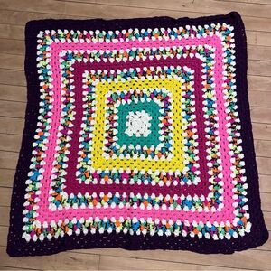 Hand Knit crocheted Cottage Square Granny Lap Blanket 72x32